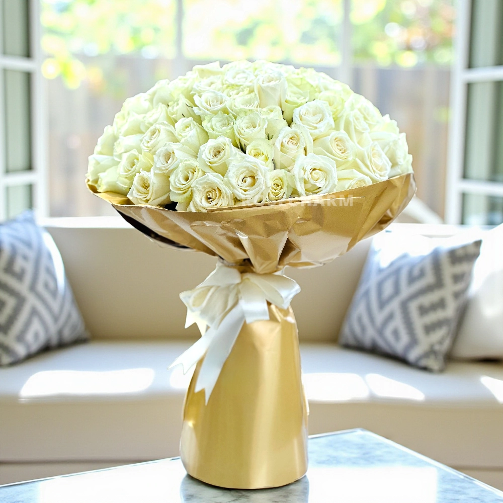 Bouquet of 100 white roses with green fillers in a nice wrapping