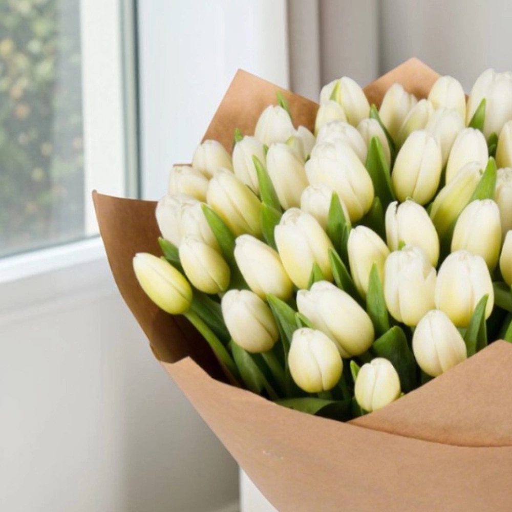 50 white tulips bouquet