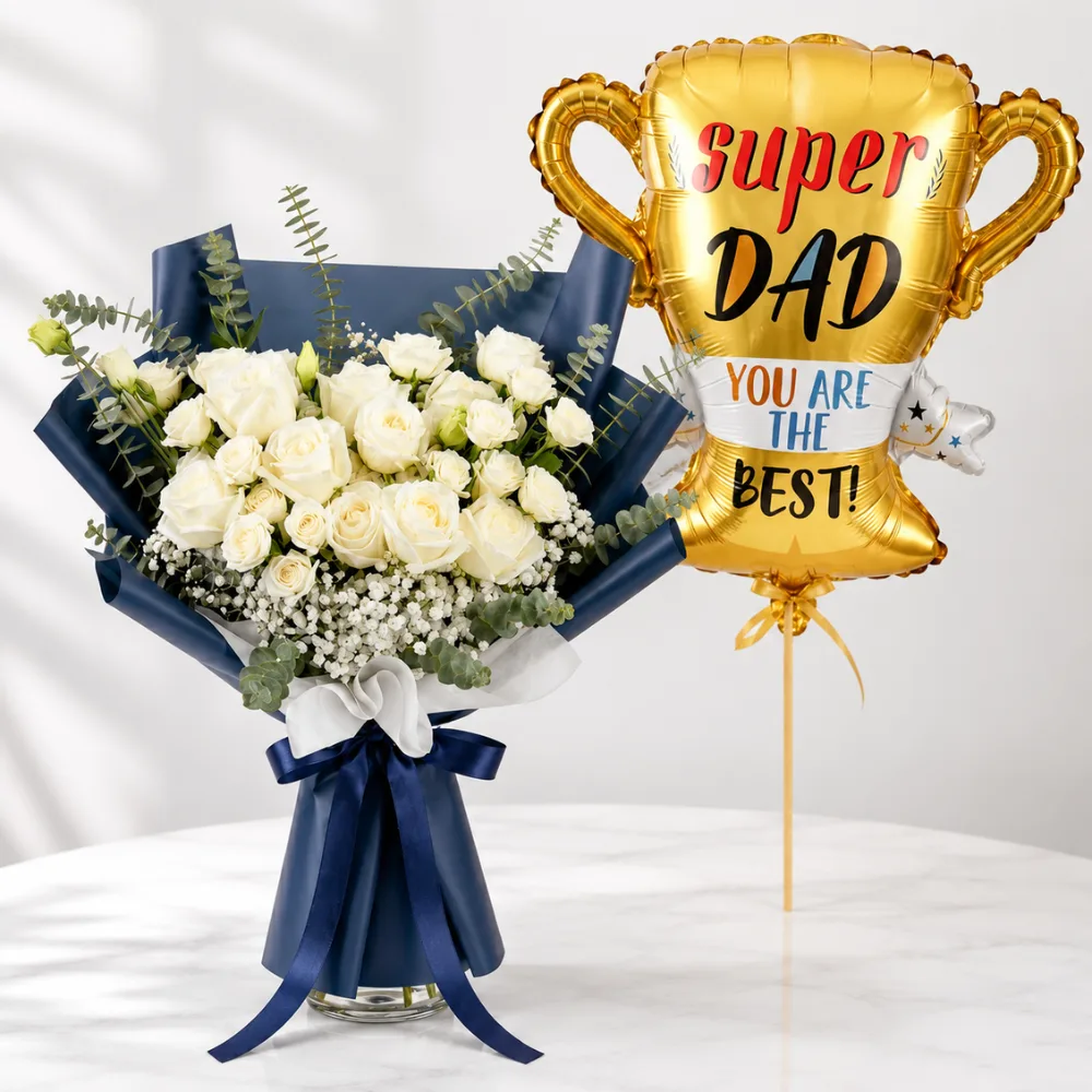 Elegant Father's Day bouquet with white roses, white spray roses, and a Super Dad foil balloon