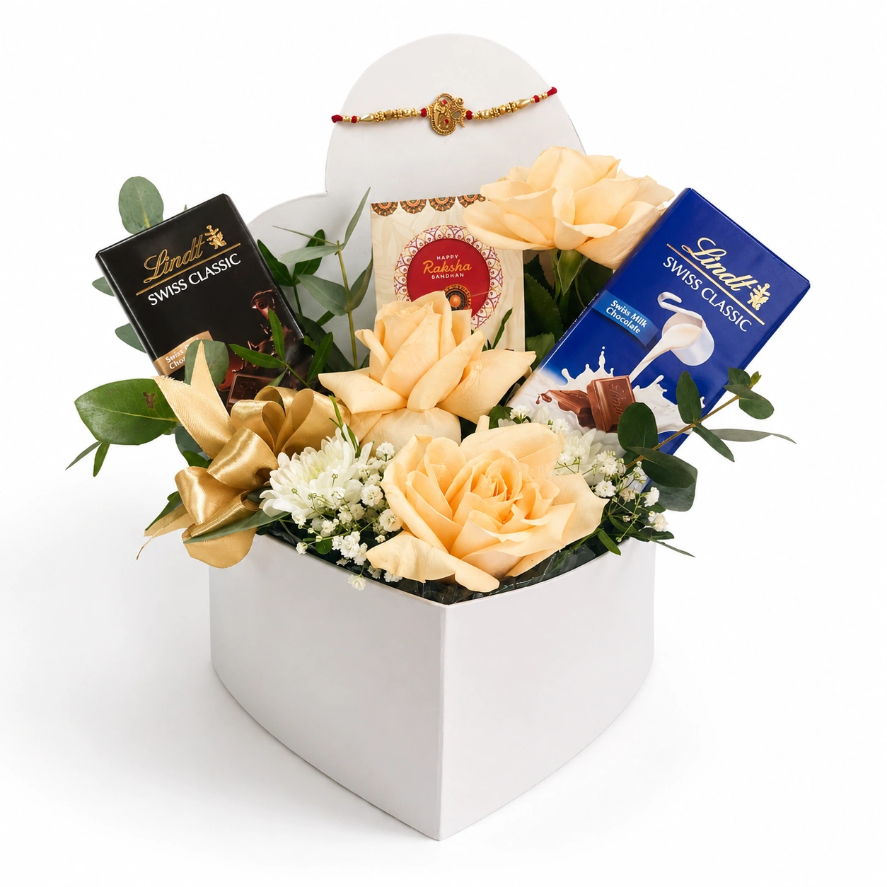 Peach Harmony Rakhi gift box with peach roses, white chrysanthemum, Lindt chocolates and designer Rakhi