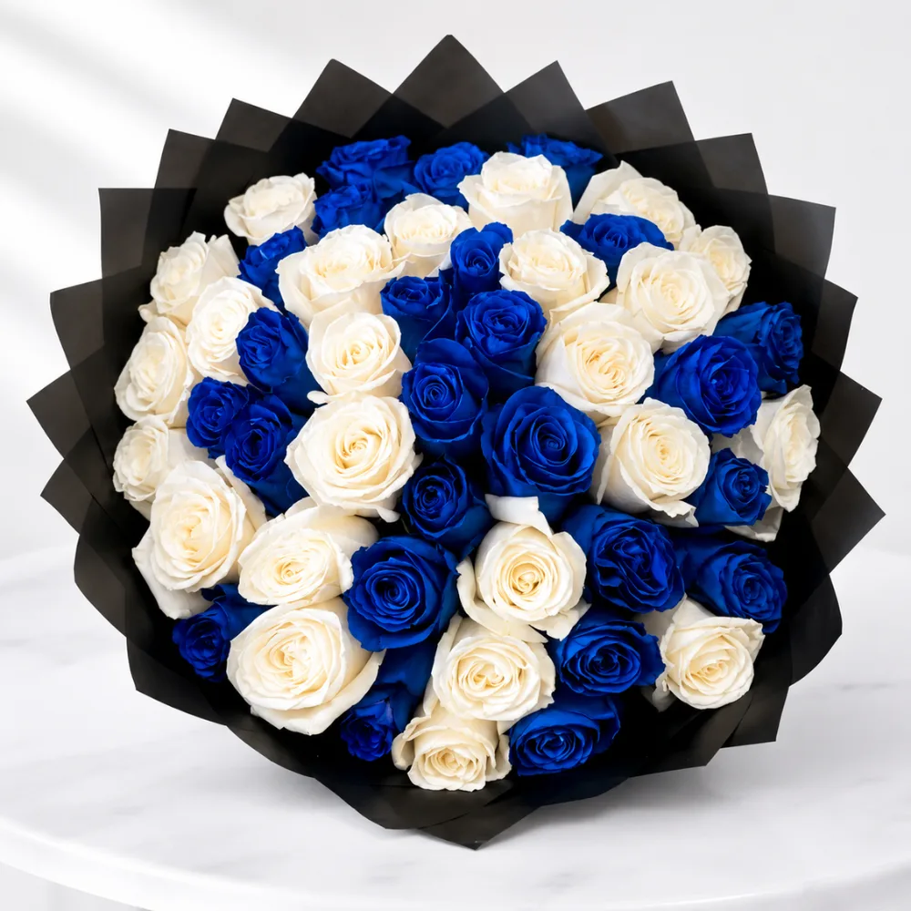 Royal Blue & White Roses For Father's Day bouquet with 51 premium blue and white roses wrapped in elegant black paper for a luxury gift