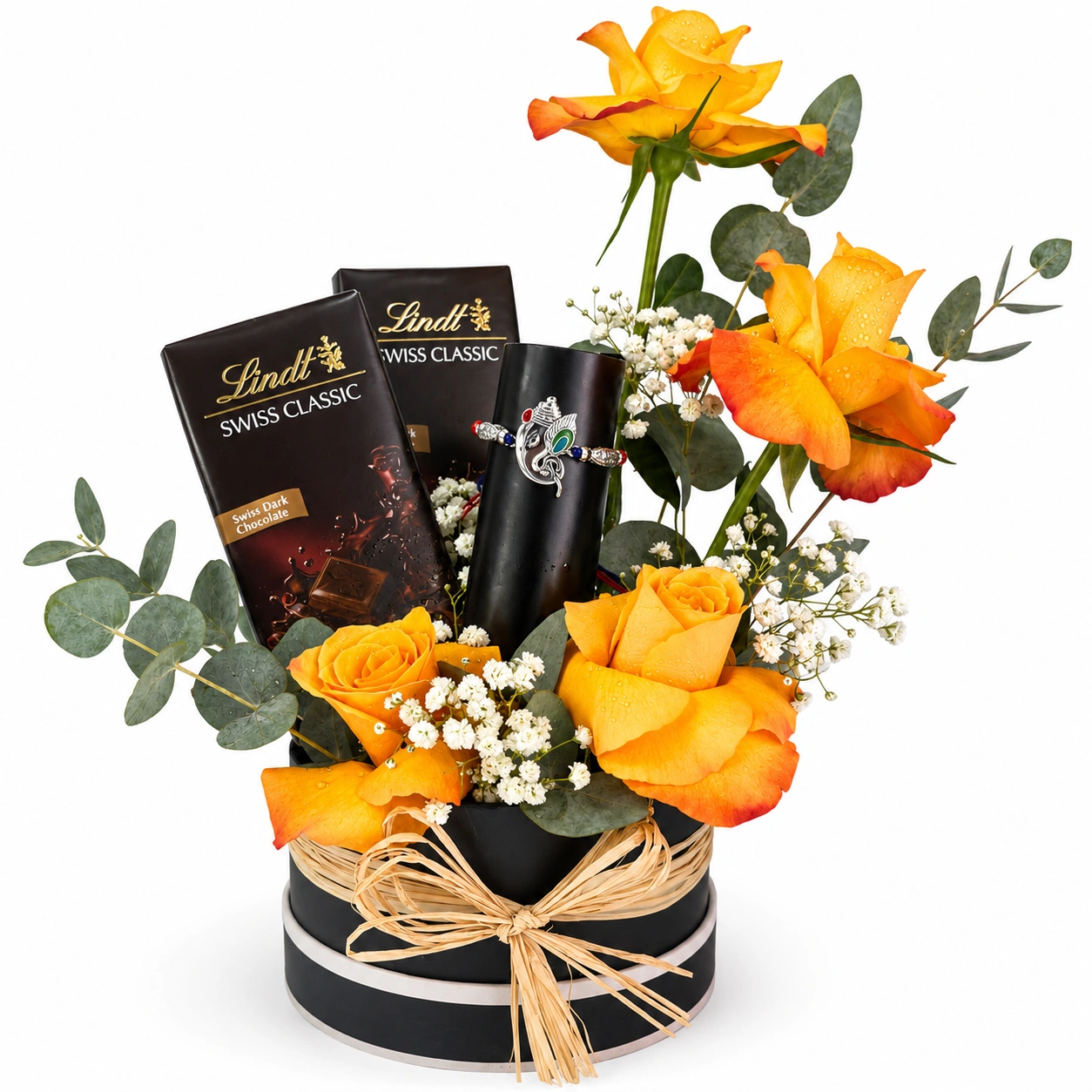 Lindt Swiss chocolates and designer Rakhi arrangement
