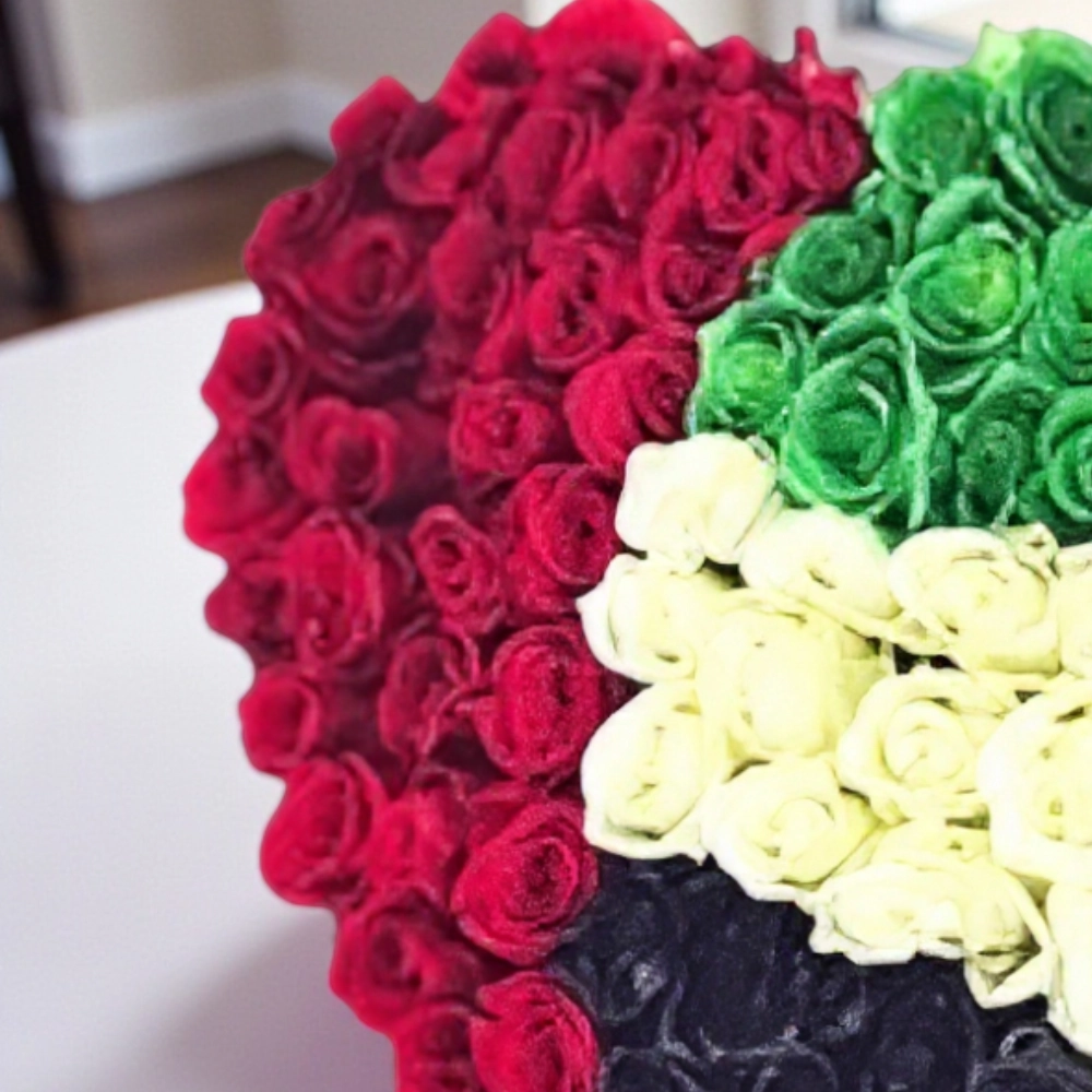 Arrangement of 100 UAE flag color roses in a heart shape