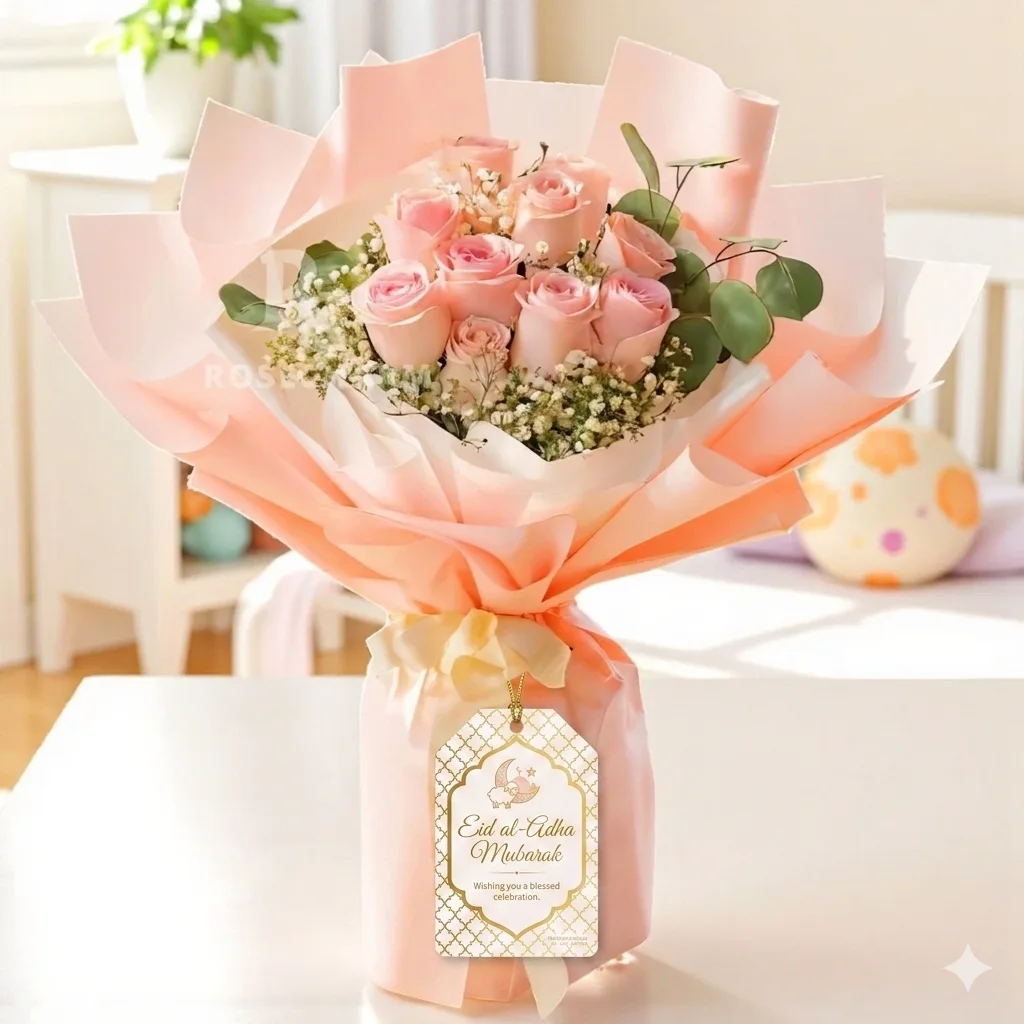 Elegant Eid Al Adha Pink Roses Bouquet with Fillers