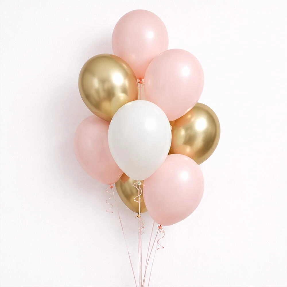 Blush pink, white and gold latex balloon set with 10 premium balloons for birthdays, baby showers, bridal showers, and elegant party decorations