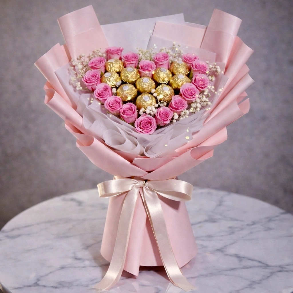 11 Ferrero Rocher chocolates and 15 pink roses bouquet arranged for romantic gifting