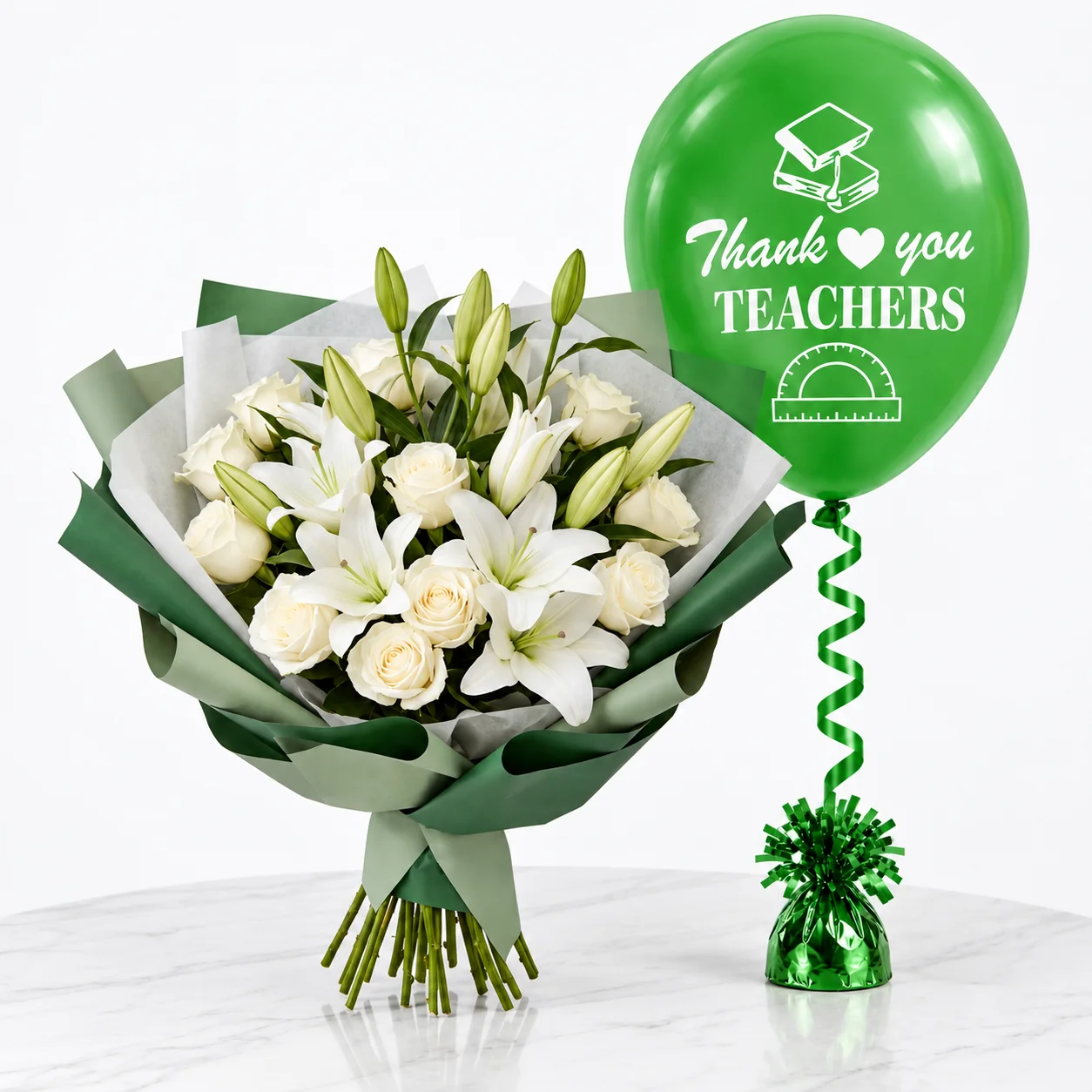 11 white roses and 4 white lilies Teachers Day combo with thank you balloon