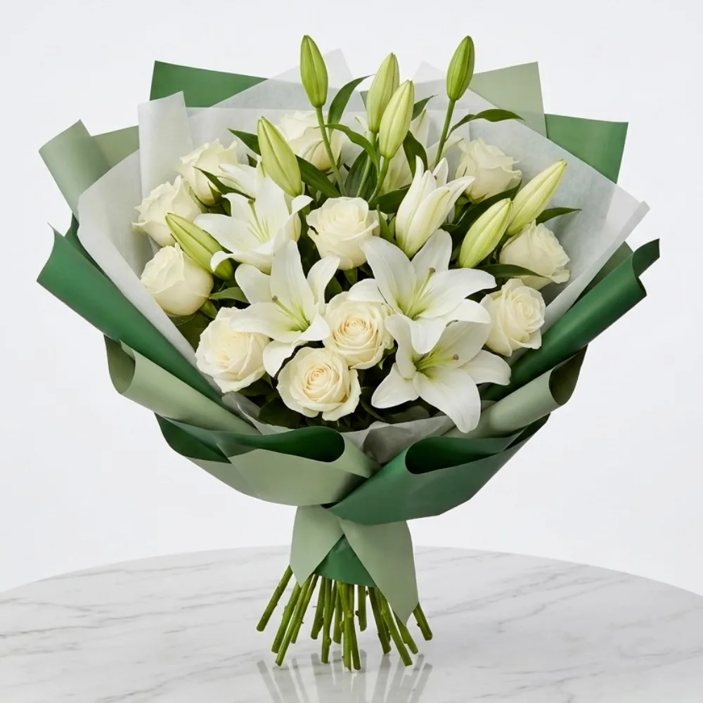 Elegant bouquet of 11 white roses and 4 fragrant white lilies arranged as a thoughtful Father's Day gift for dad