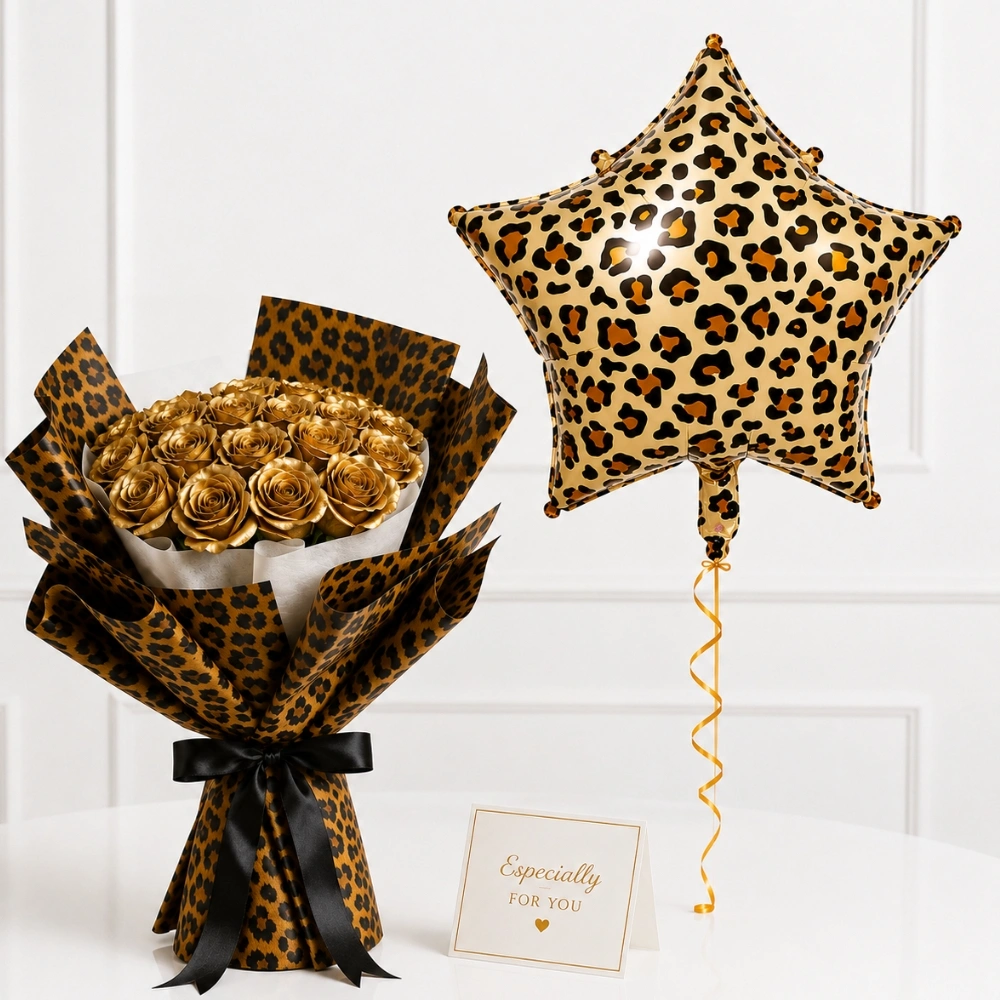 Golden Roses Bouquet with Cheetah Balloon featuring 15 golden roses in premium cheetah print wrapping