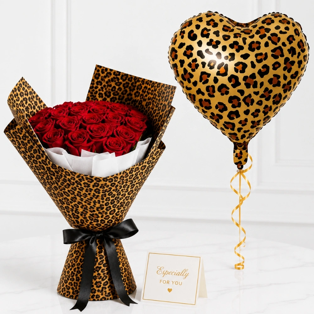 Red Roses Bouquet with Cheetah Balloon featuring 21 premium red roses in stylish cheetah print wrapping