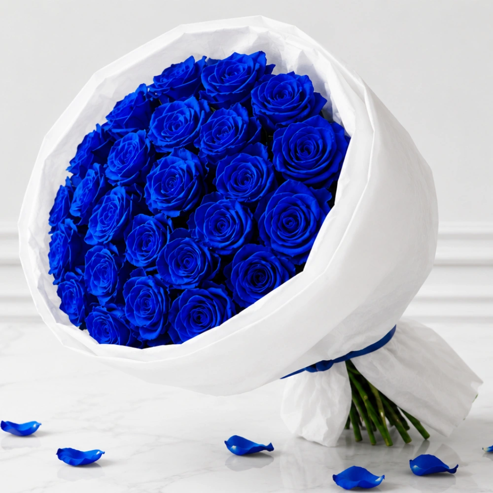 25 Dark Blue Roses Luxury Bouquet with fresh green fillers and premium wrapping for romantic gifting and special occasions