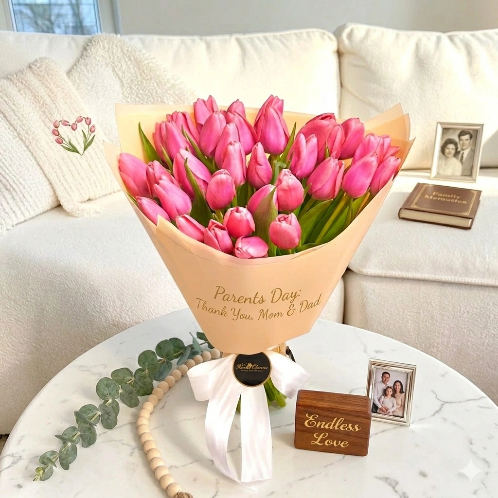 25 pink tulips bouquet for parents day gift uae