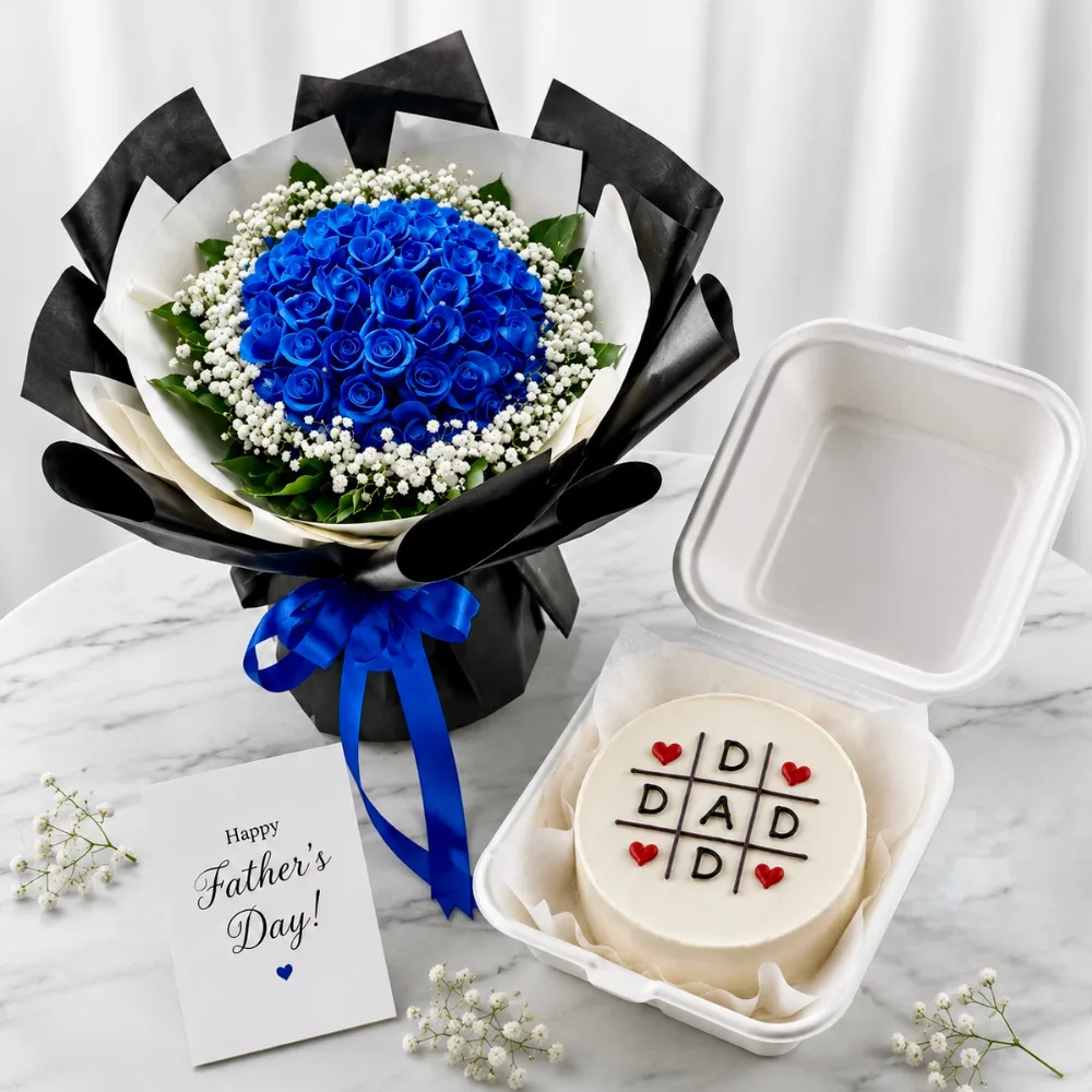 Elegant Father's Day combo featuring 31 blue roses with gypsophila and a Love Dad bento cake for Dad