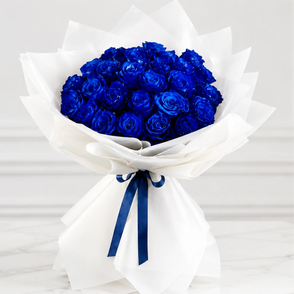 31 Dark Blue Roses Luxury Bouquet with fresh green fillers and premium wrapping for romantic celebrations and special occasions