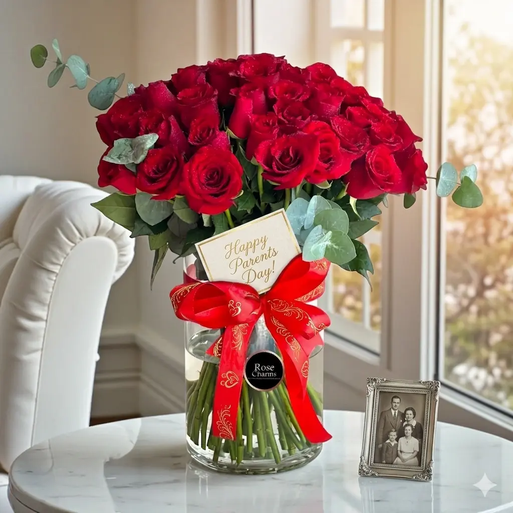 51 Red Roses in Glass Vase For Parents Day Gift UAE