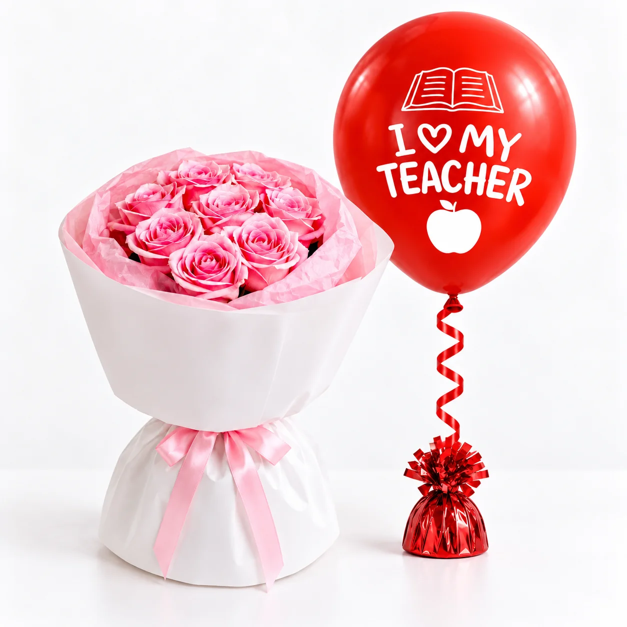 8 pink roses with I Love My Teacher red balloon for Teachers Day appreciation gift