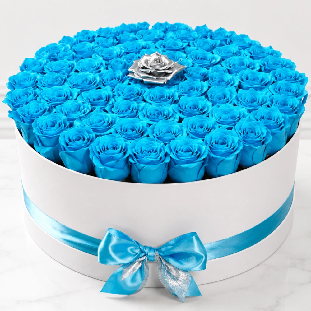 Azure-Silver-Crown-80-blue-roses-and-1-silver-rose-box-2