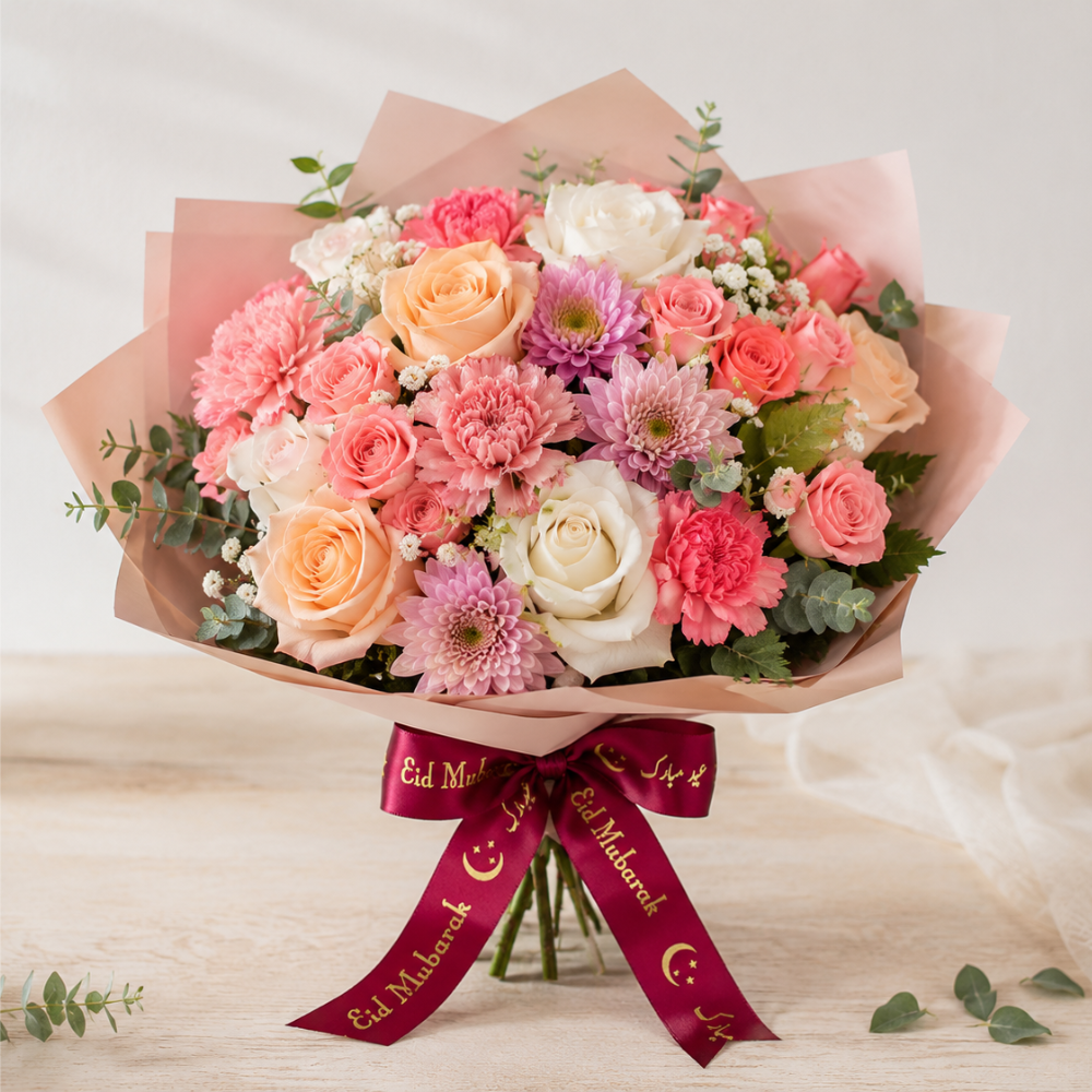 Elegant Eid Mubarak Roses Bouquet with Mixed Roses and Carnations