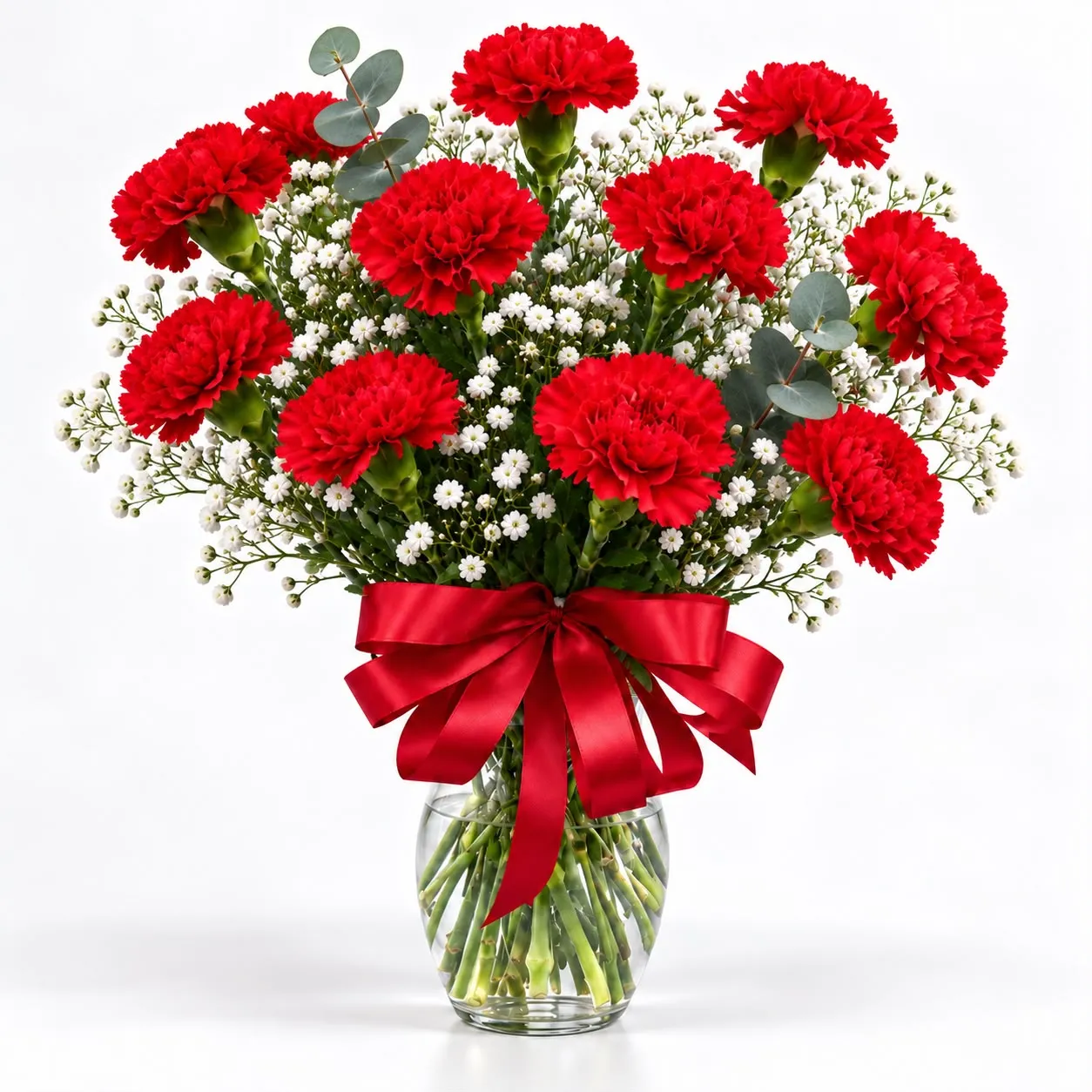 Classic 11 red carnations vase arrangement, an elegant romantic gift from RoseCharmFlowers