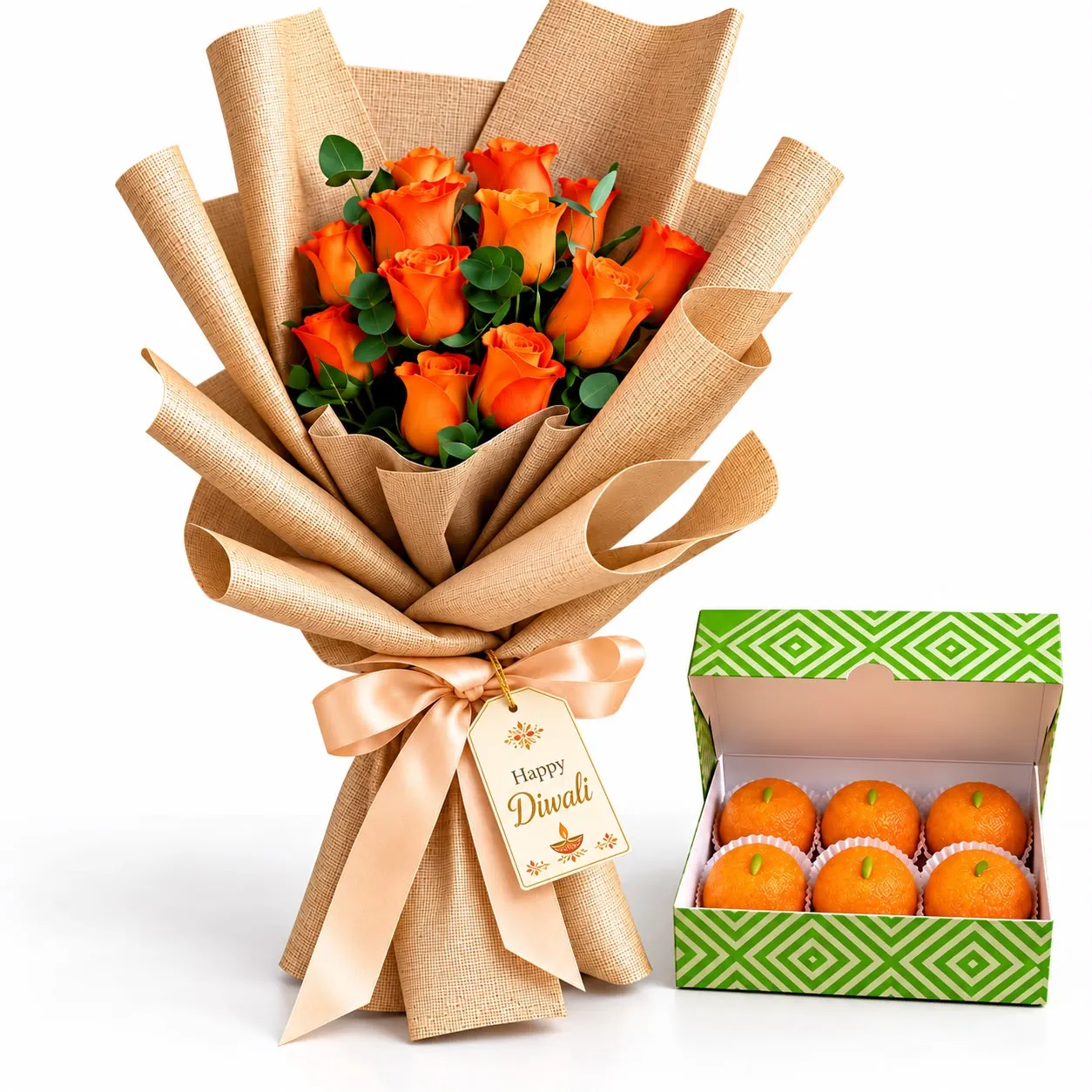 Diwali 11 Orange Roses and Bikanervala Laddus Combo with fresh orange roses and a 250g sweets box