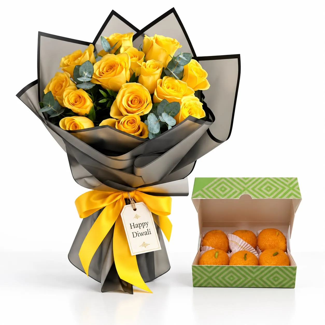 eucalyptus foliage and a 250g Bikanervala Laddus gift box