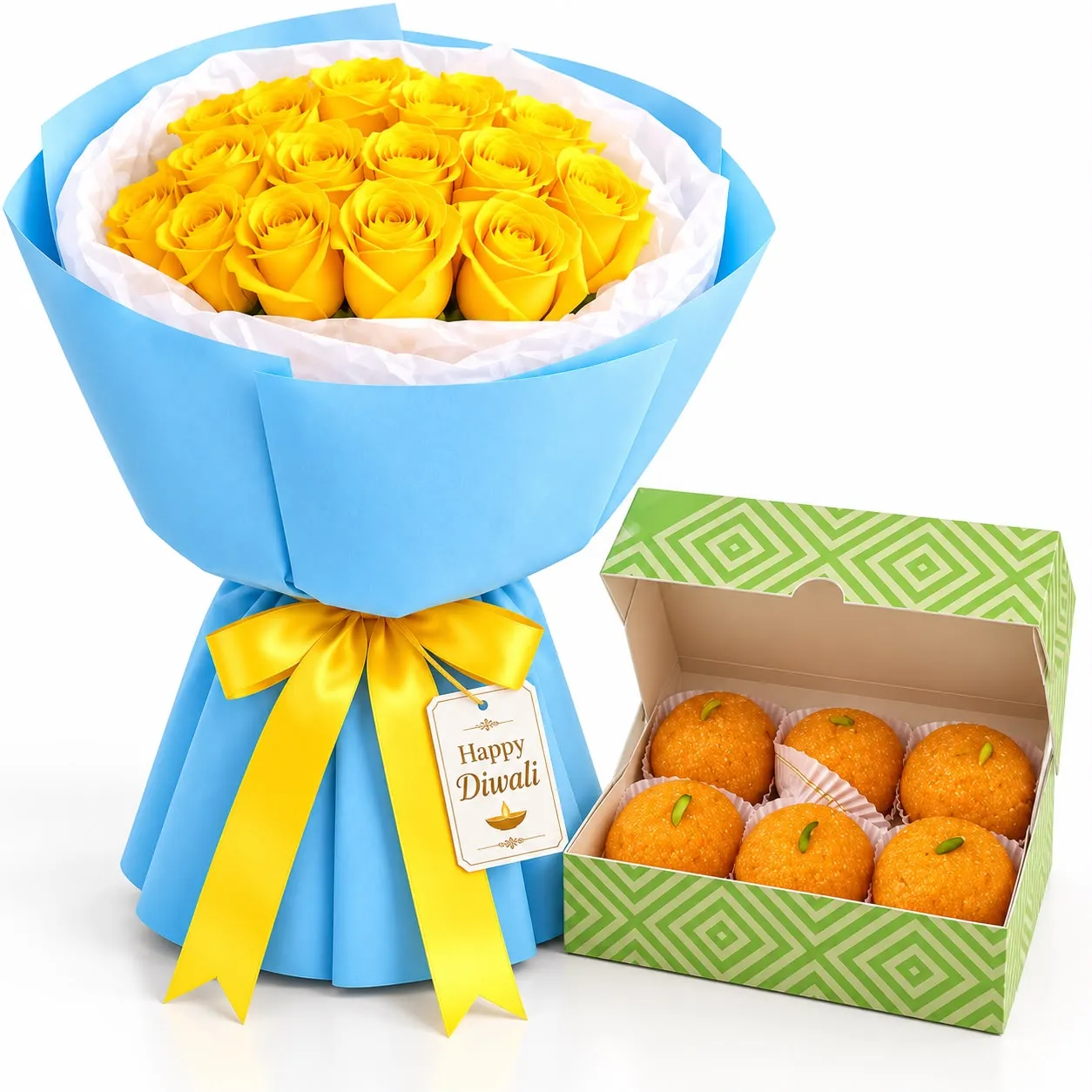 Diwali 21 yellow roses and Bikanervala laddus gift combo with fresh flowers and a 250g box of Indian sweets