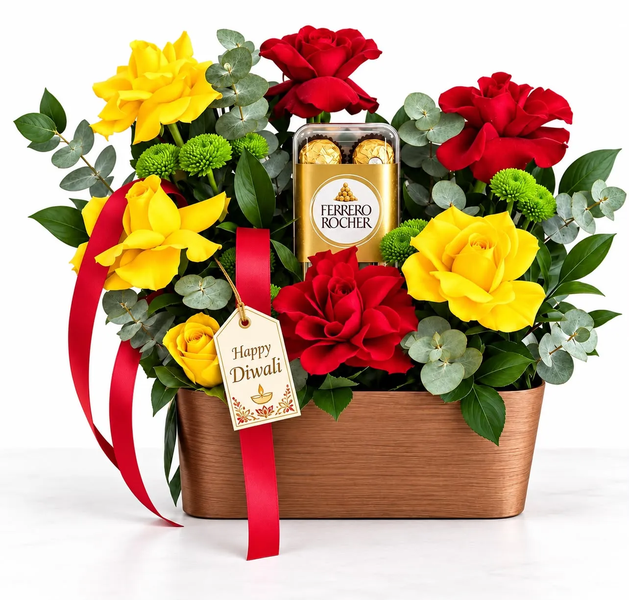 Diwali Glow Indulgence Rose and Chocolate Hamper with red roses, yellow roses and Ferrero Rocher chocolates