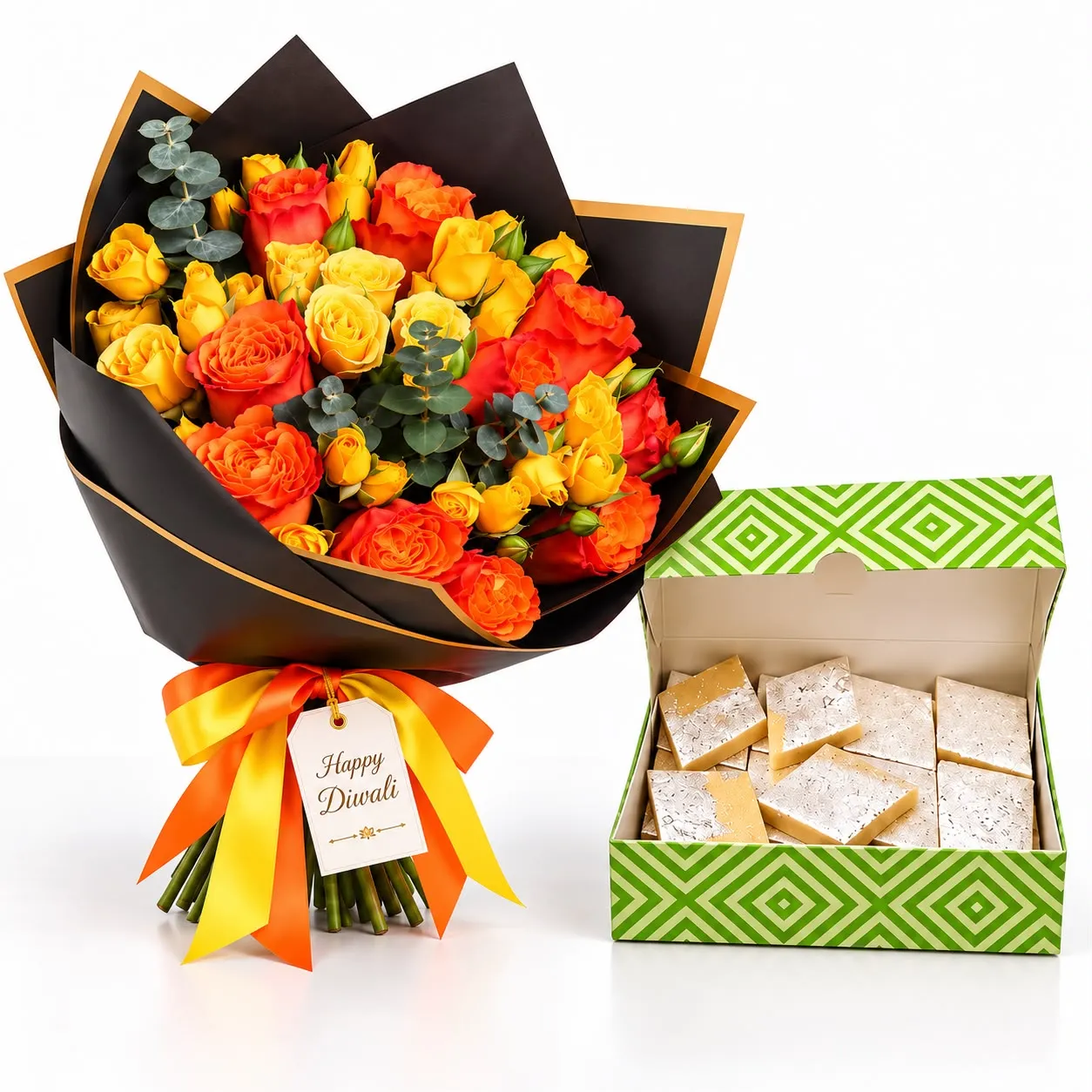 Diwali Golden Blooms & Kaju Katli Gift Combo with orange roses, yellow roses and 250g Bikanervala sweets