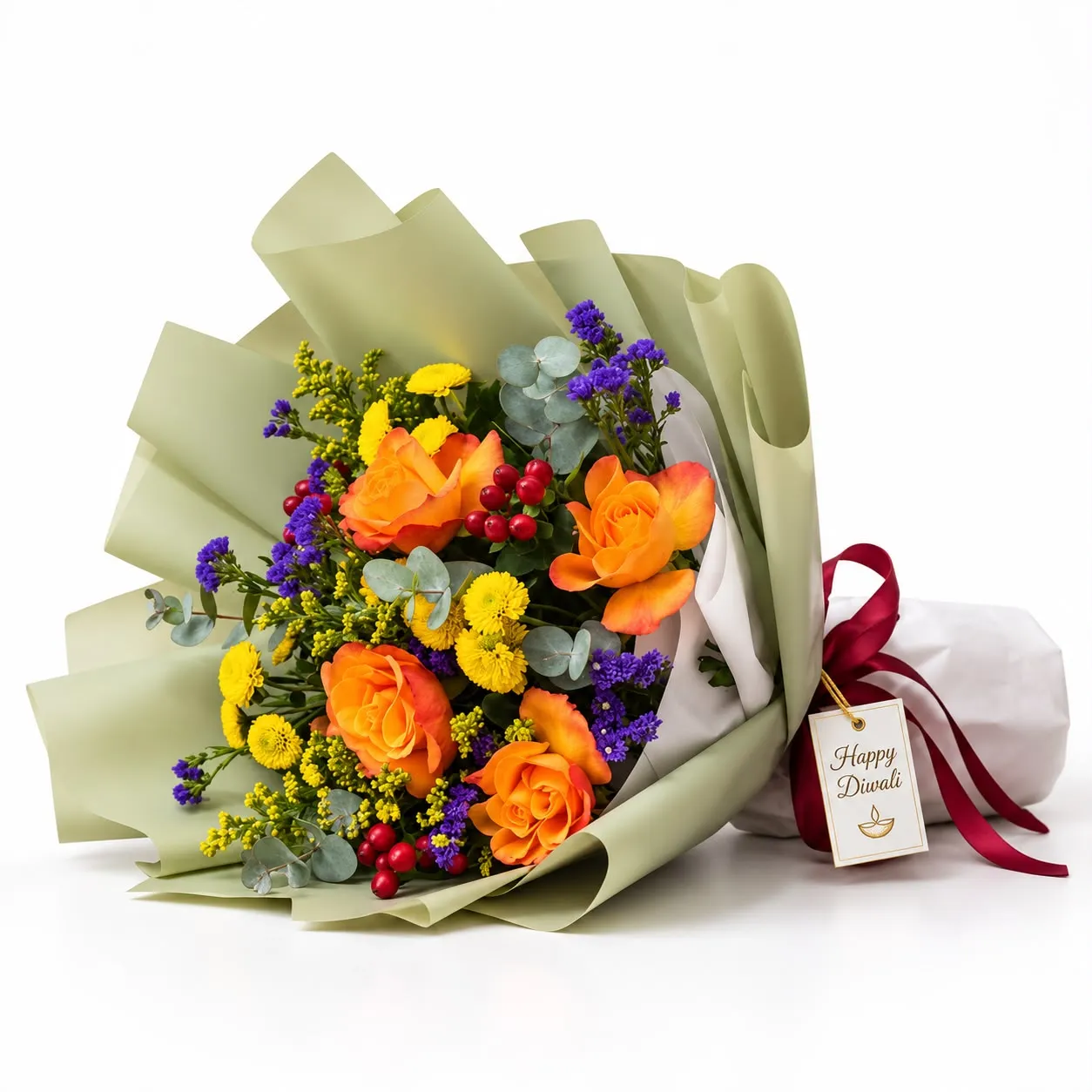 Diwali Golden Glow Flower Bouquet for Festive Gifting with orange roses and yellow chrysanthemums