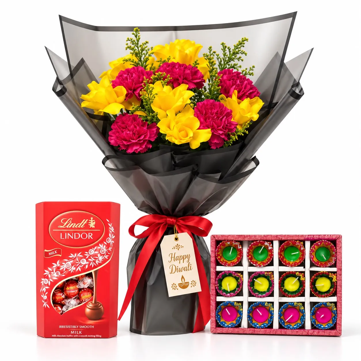 Diwali Lights Love Gift Set with yellow roses, pink carnations, wax diyas and Lindt chocolates by RoseCharmFlowers