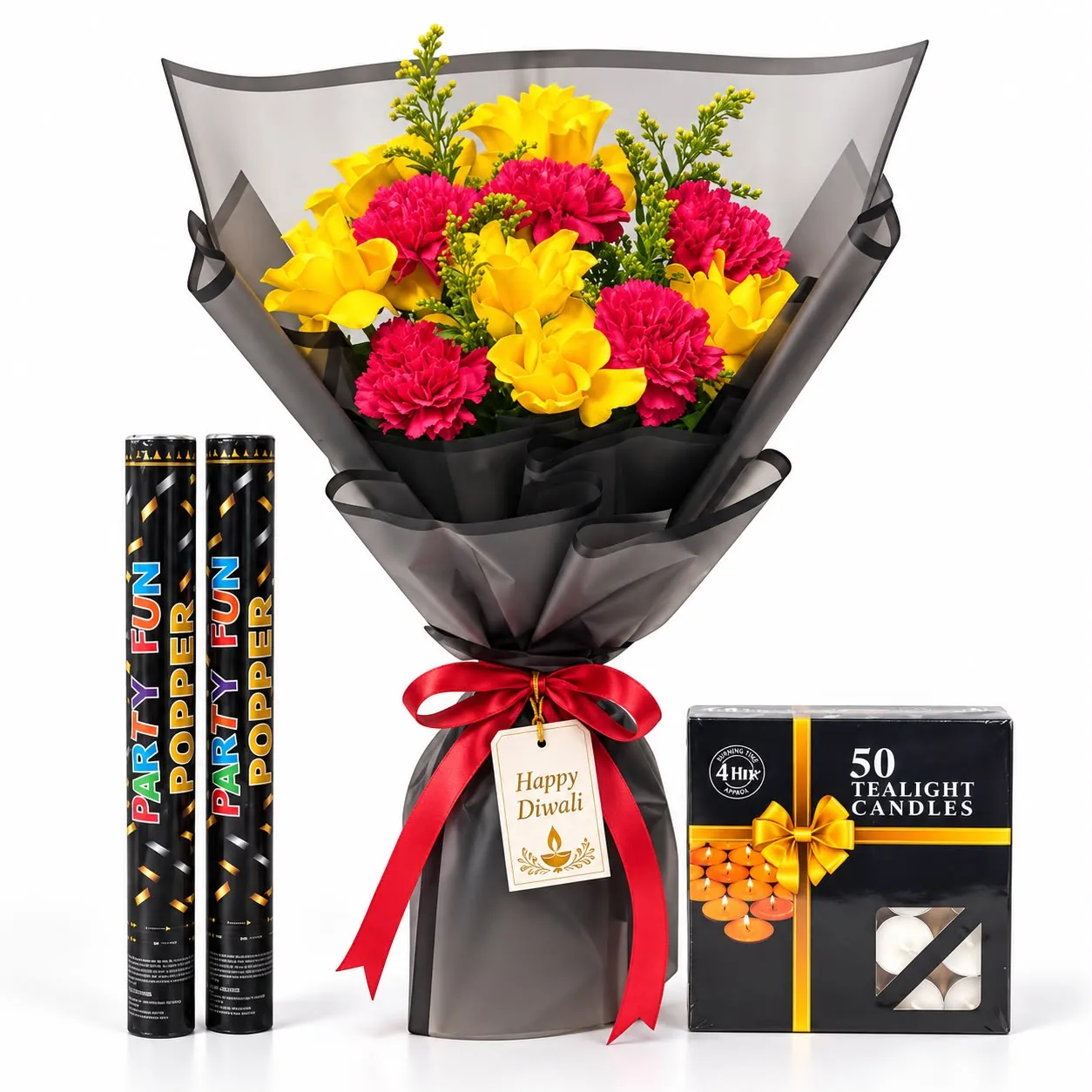 Diwali Love Lights Combo with 6 red roses, 5 pink carnations, 50 tealight candles and 2 festive party poppers