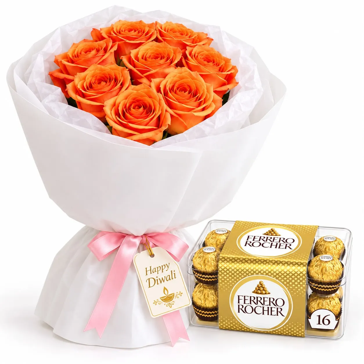 Diwali Orange Roses and Ferrero Rocher Chocolate Gift Combo with 8 fresh orange roses and 16 chocolates
