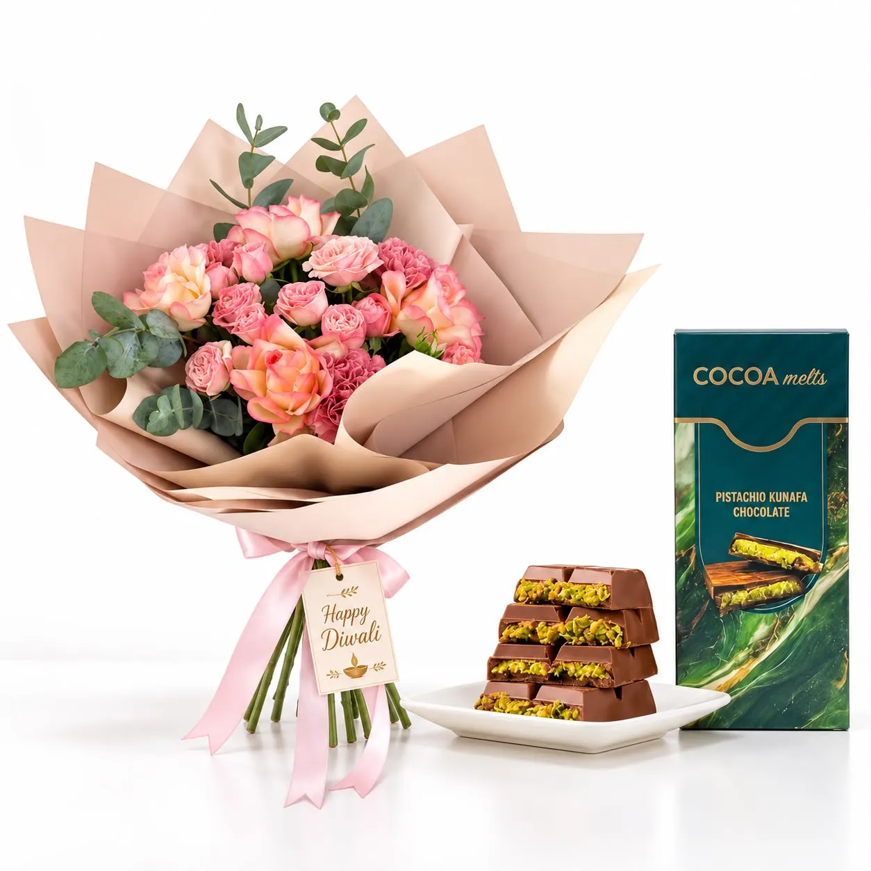 Diwali Pink Blooms Chocolate Combo Gift Set with pink roses, carnations and pistachio kunafa chocolate