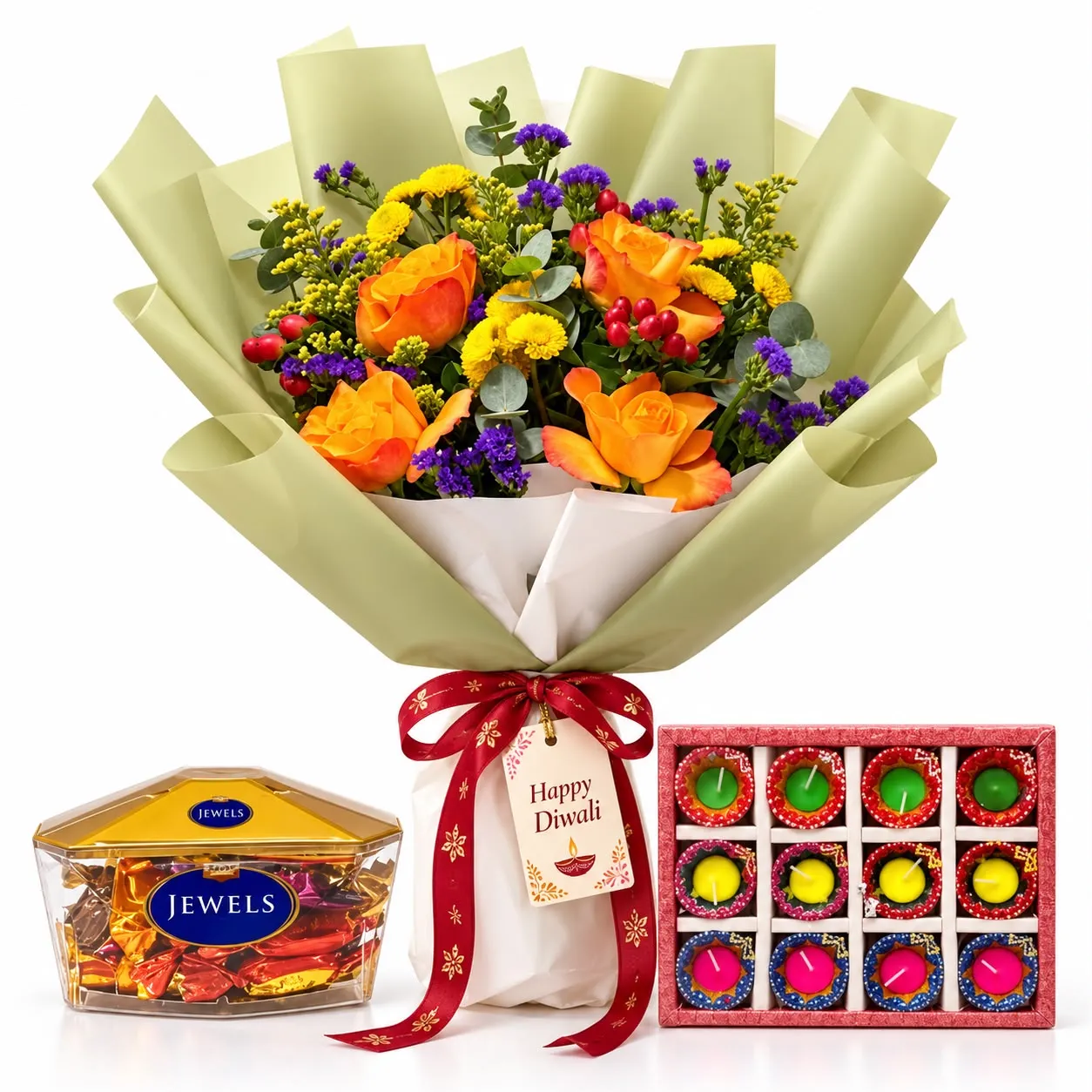 Diwali Radiance Gift Combo with orange roses, yellow chrysanthemums, Jewels chocolates and 12 wax diyas