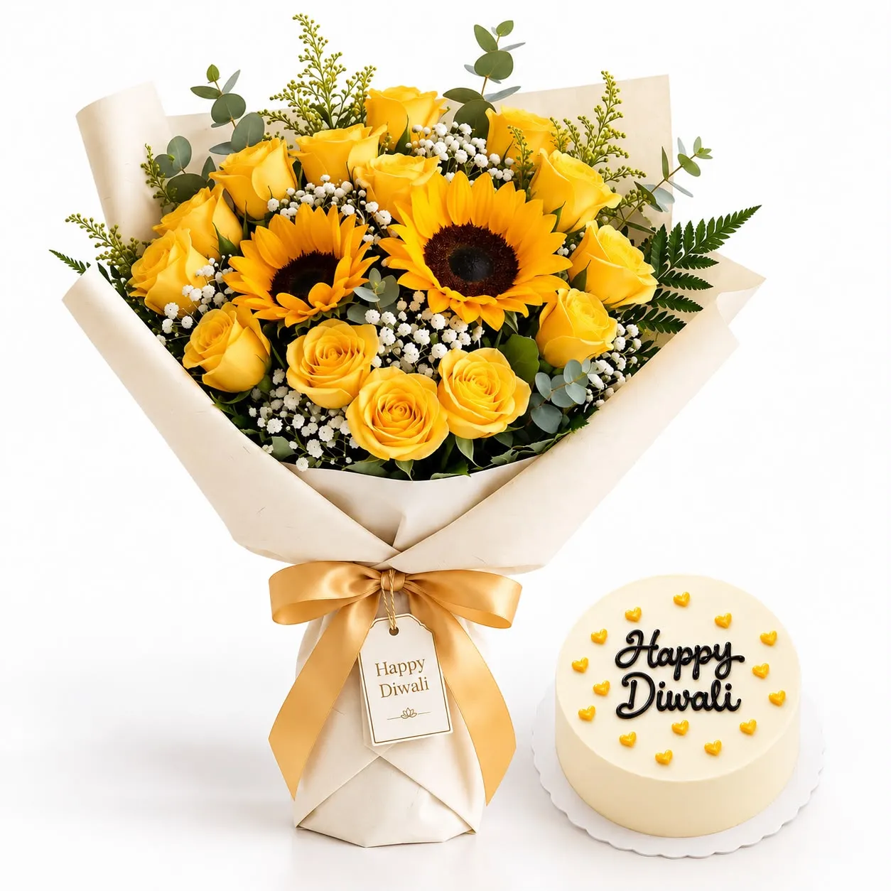 A Diwali Sunshine and Bento Cake Combo with Yellow Roses featuring 13 yellow roses, 2 sunflowers and a 200g festive cake.