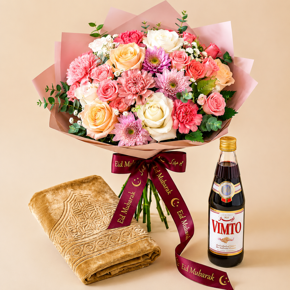 Eid Mubarak Flowers Prayer Mat and Vimto Gift Combo with Mixed Roses
