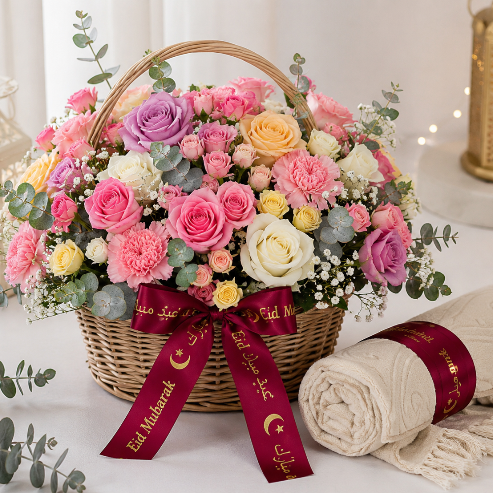 Luxury Eid Floral Basket Hamper with Roses and Prayer Mat