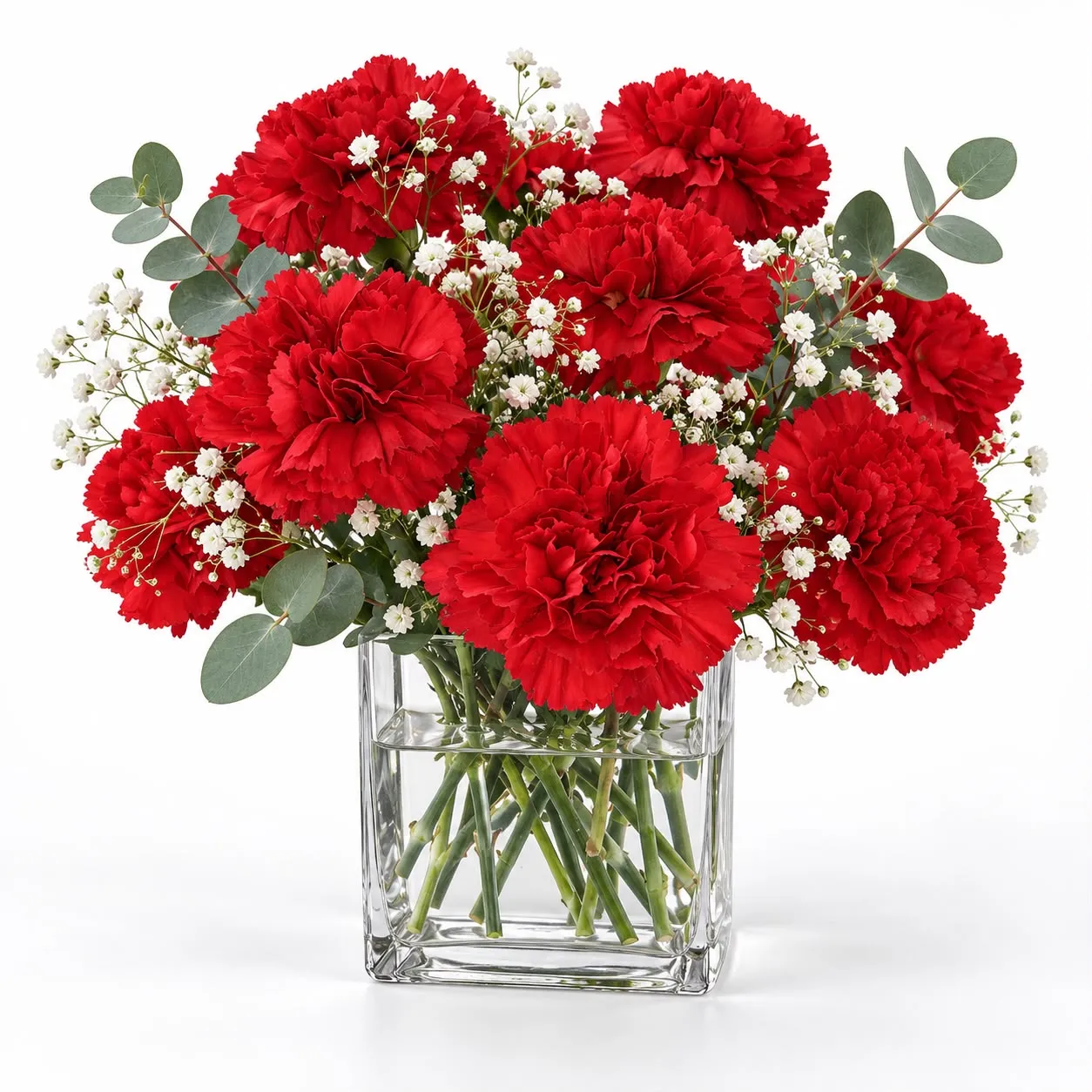 Elegant 11 red carnations in a square vase, a sophisticated floral gift from RoseCharmFlowers
