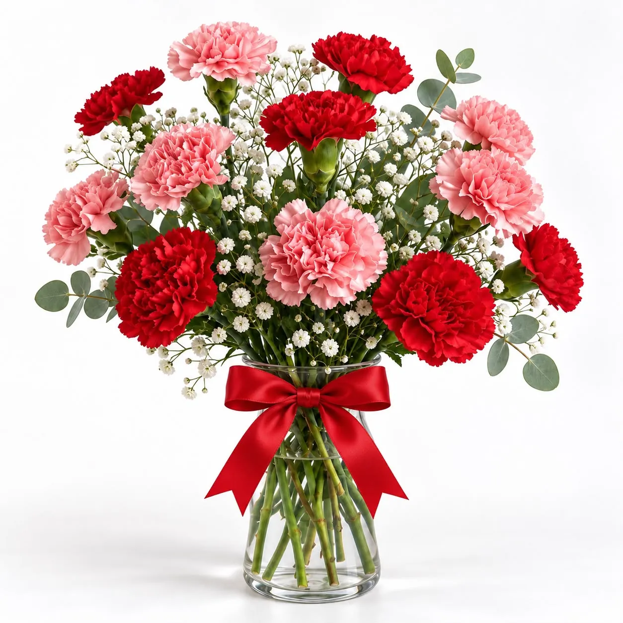 Elegant 6 red and 6 pink carnations in a graceful floral arrangement