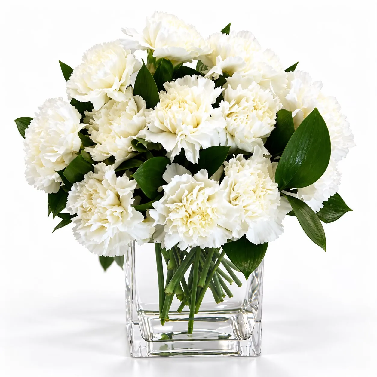 15 fresh white carnations arranged elegantly in a square vase by RoseCharmFlowers