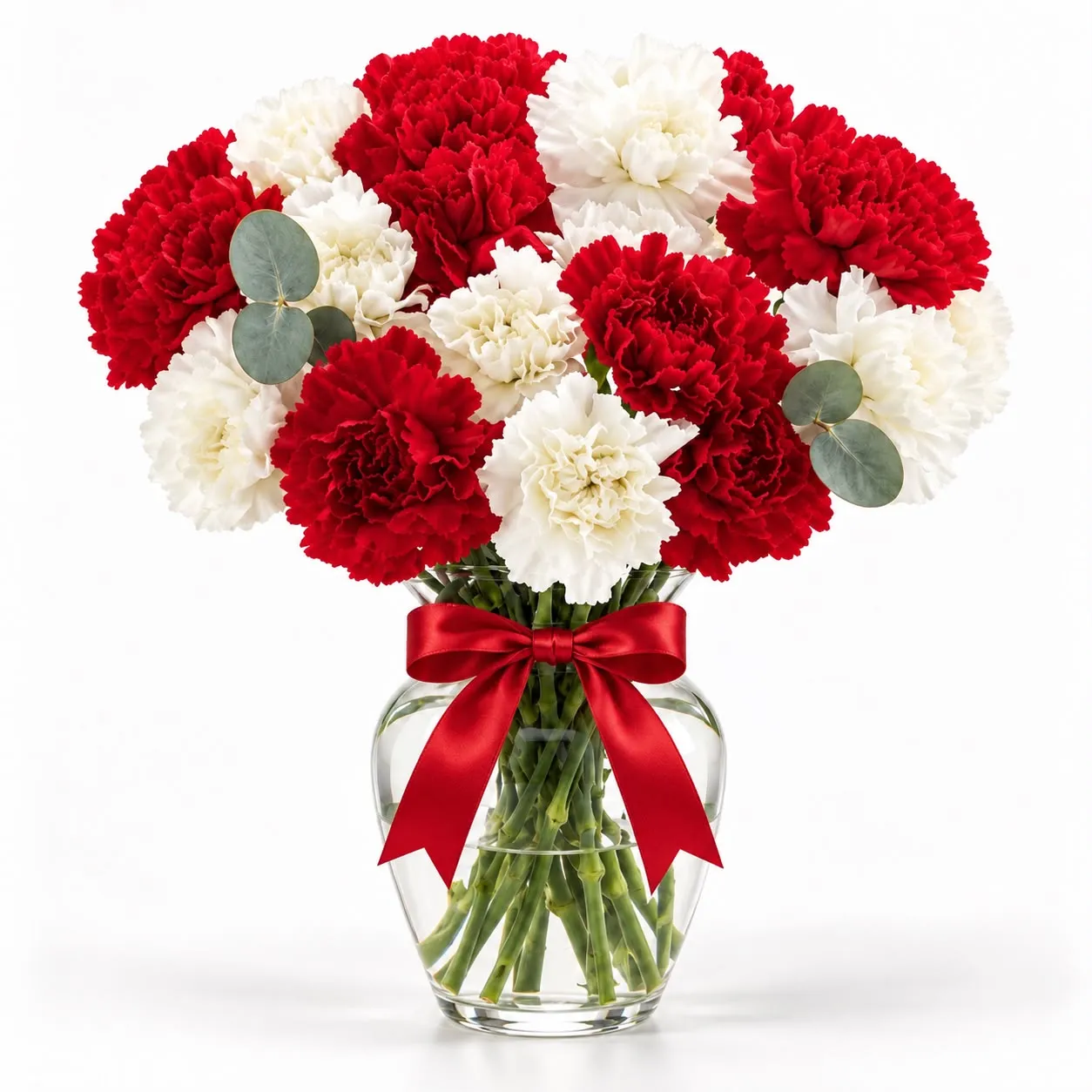 25 REleganted and White Carnations Vase featuring 13 red and 12 white carnations in a graceful floral arrangement