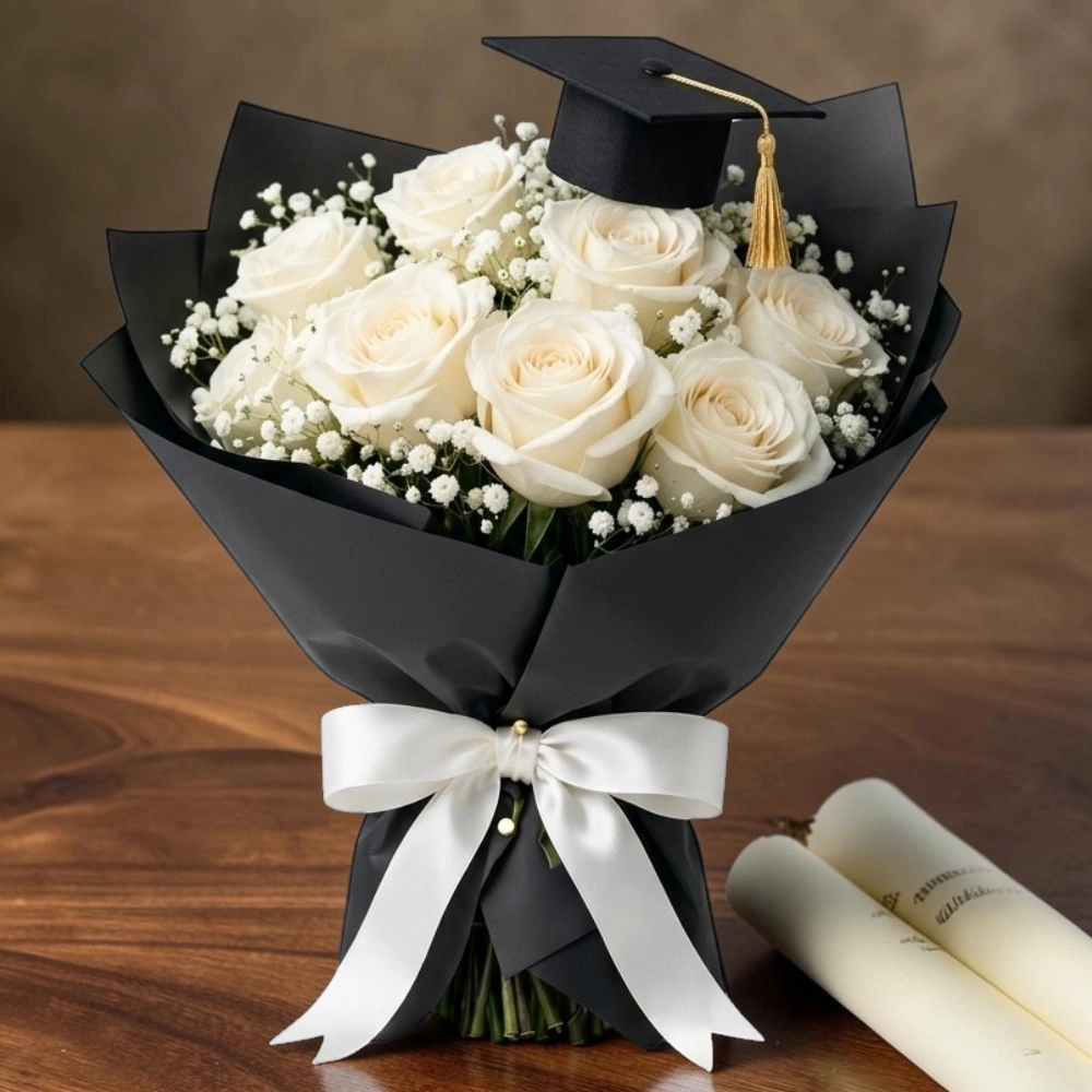Elegant Graduation 9 White Roses Bouquet with Graduation Hat Topper