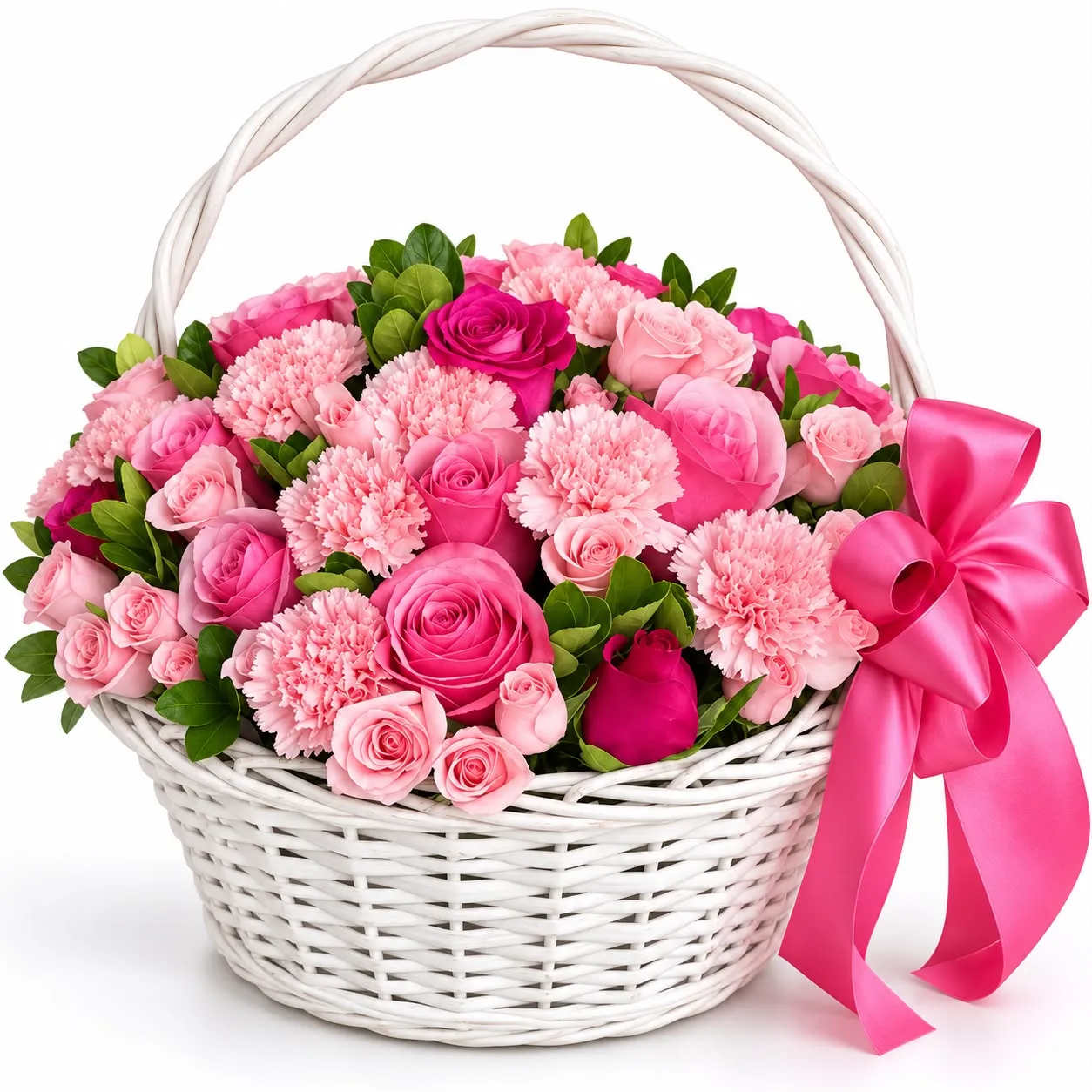 Elegant Pink Roses and Carnations Basket with 10 pink carnations, 10 pink roses and 5 white spray roses