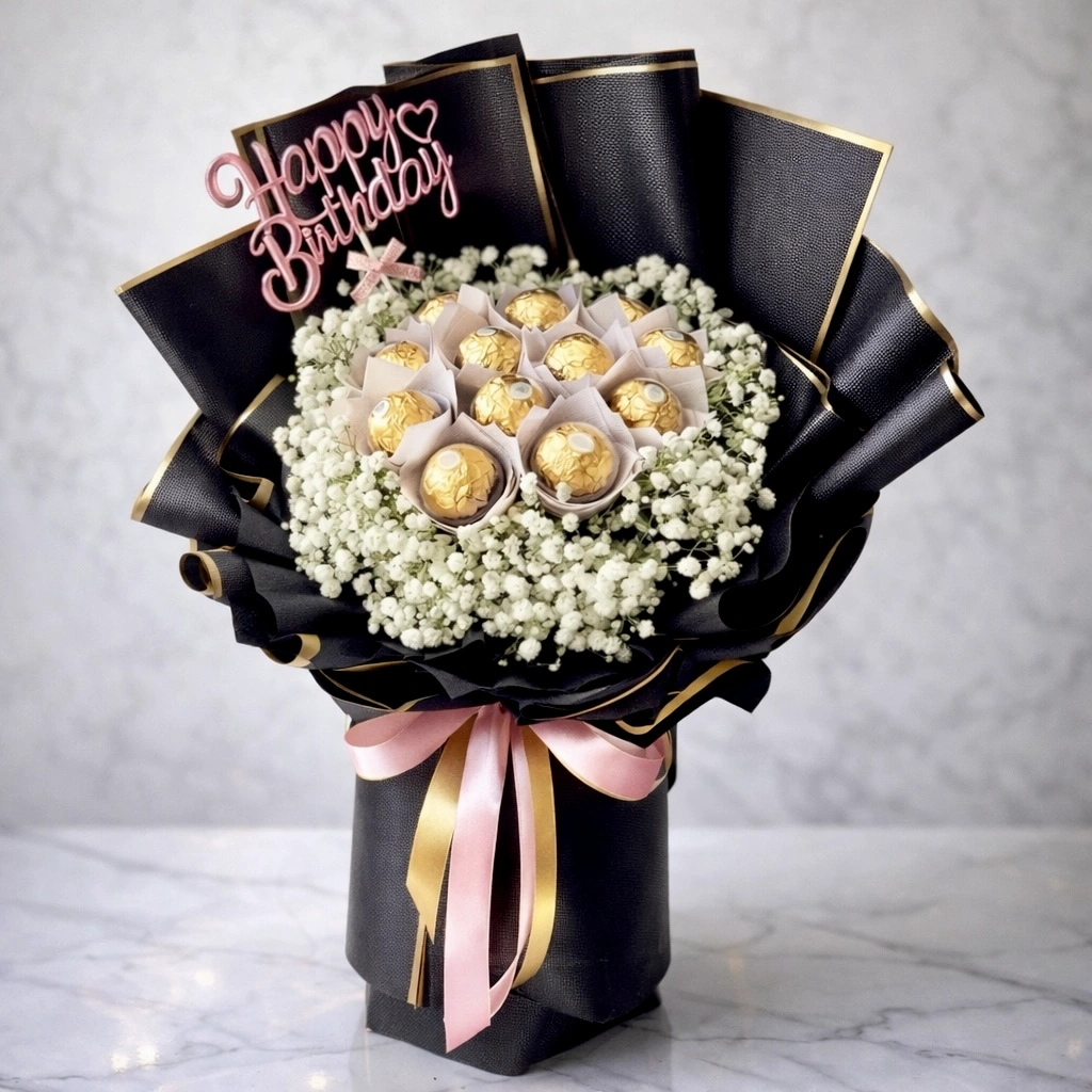 Ferrero-Rocher-&-Gypsophila-Birthday-Bouquet-11-Chocolates-in-Elegant-Black-wrapping-2