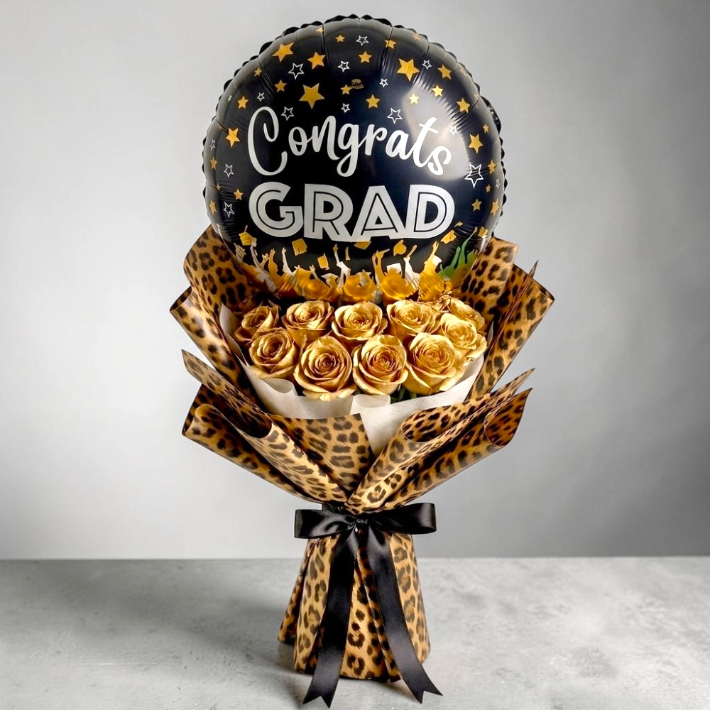 Graduation Gold Roses and Balloon Combo with Cheetah Wrapping