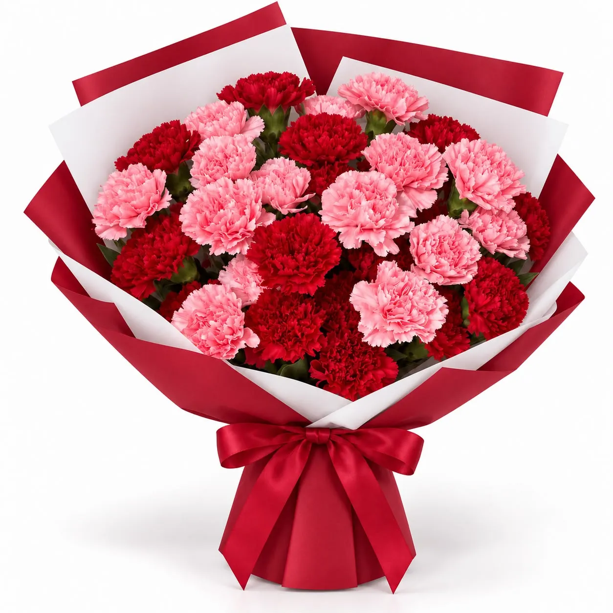 Gorgeous 31 red and pink carnations bouquet with 15 red and 16 pink blooms from RoseCharmFlowers
