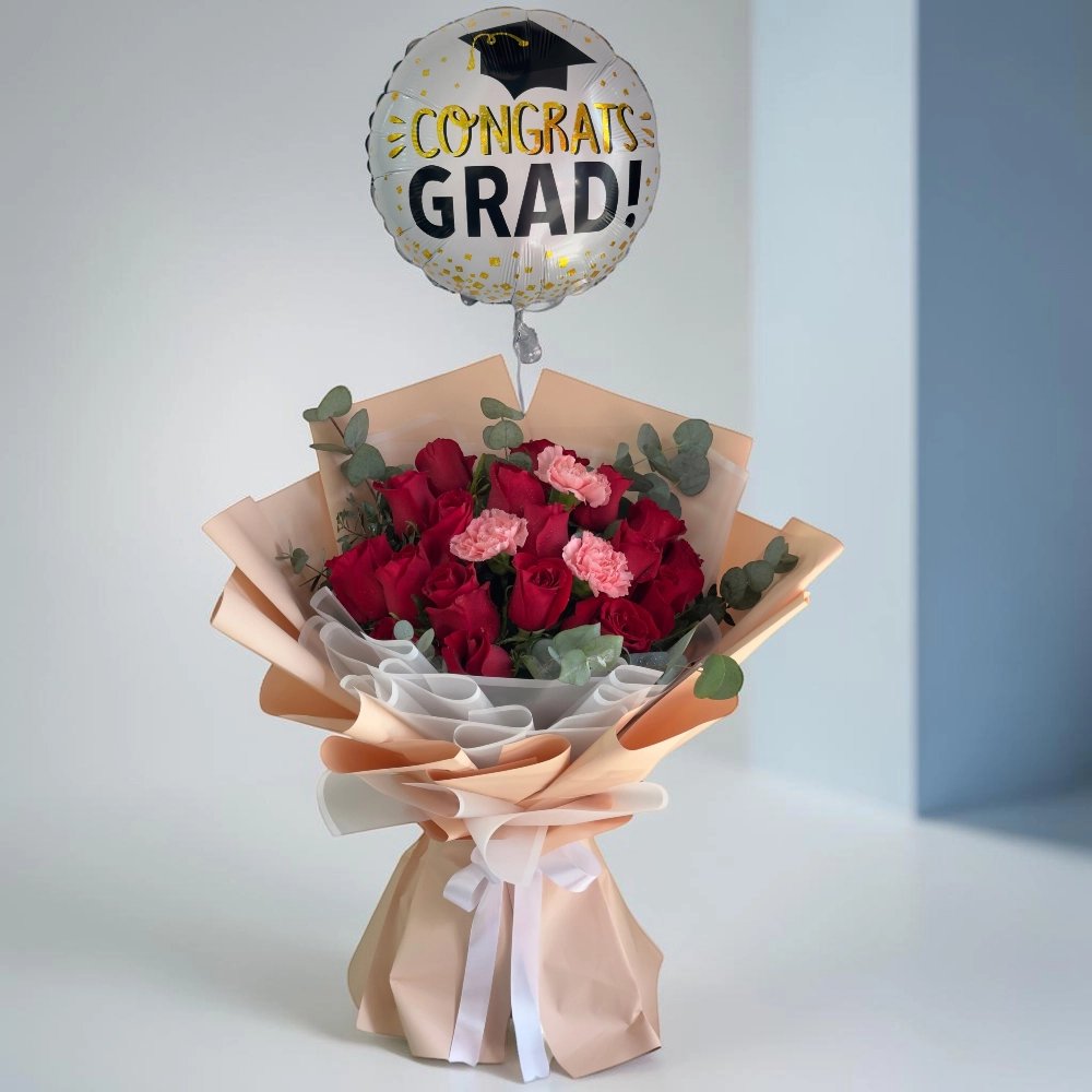 Graduate Glow Congrats Combo with Red Roses, Pink Carnations and Graduation Balloon