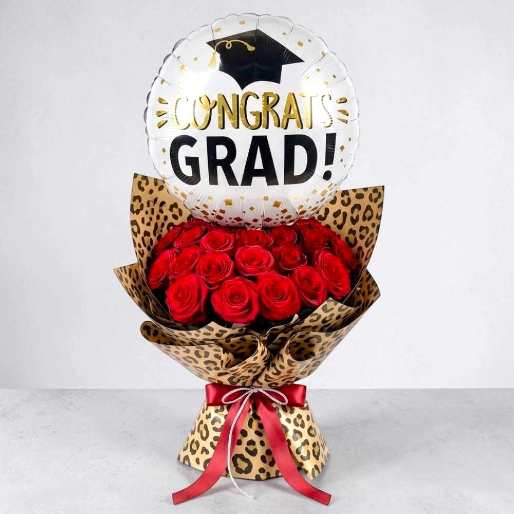 Graduation Cheetah Wrap Roses and Balloon Combo with 21 Red Roses