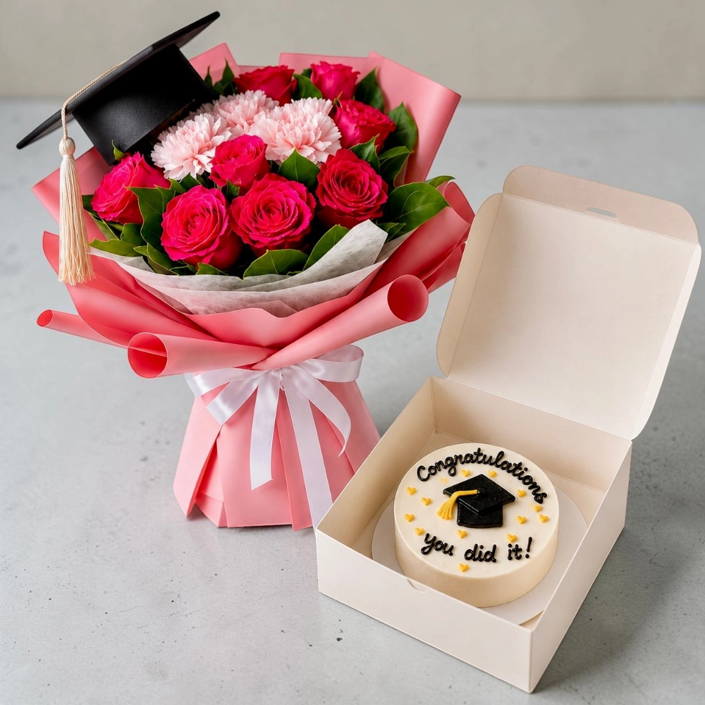 Graduation Roses and Bento Cake Combo with Red Roses and Congratulations Cake