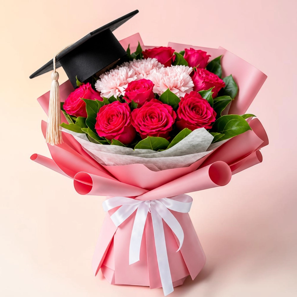 Graduation Red Roses and Carnations Bouquet with Graduation Hat Topper